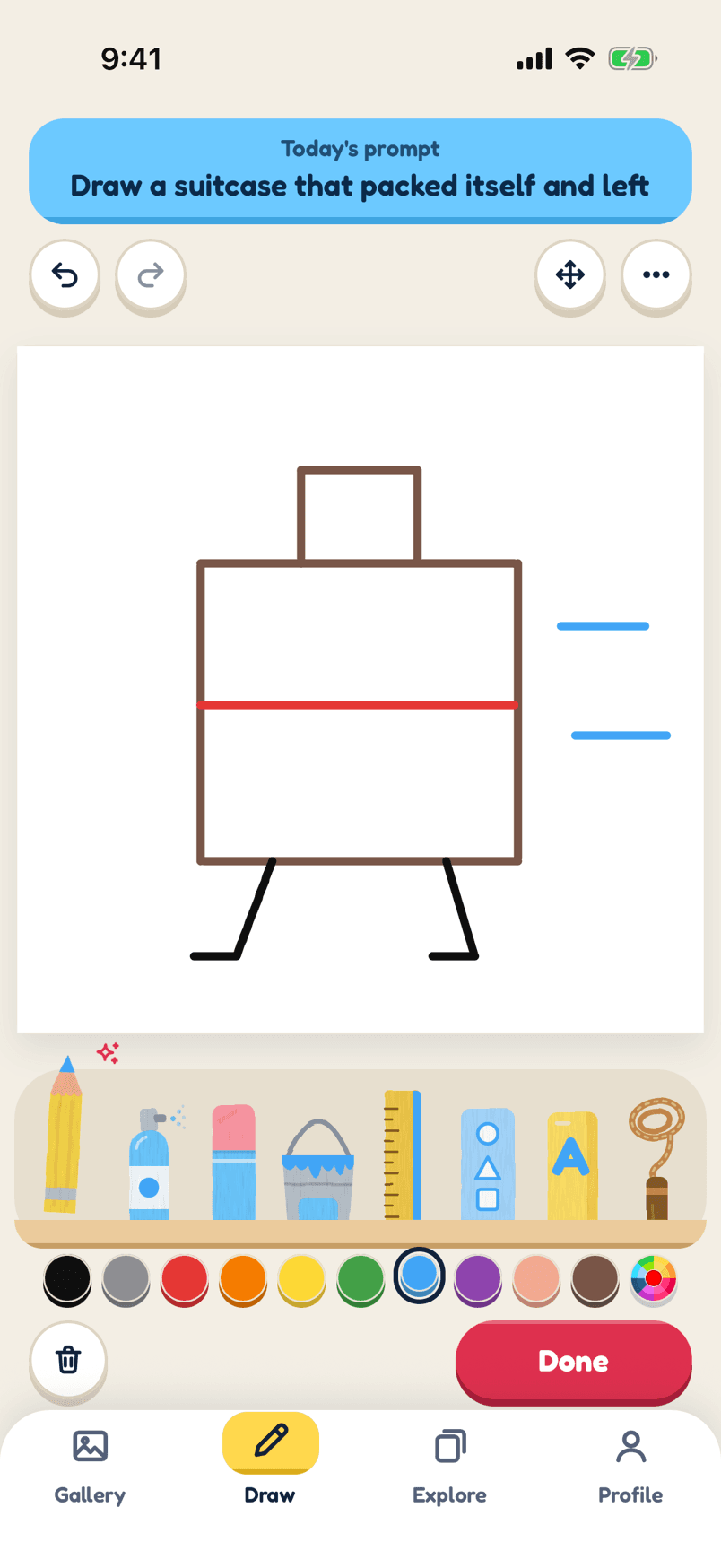 Drawing screen with a half-finished suitcase doodle, a shelf of drawing tools and a row of colours