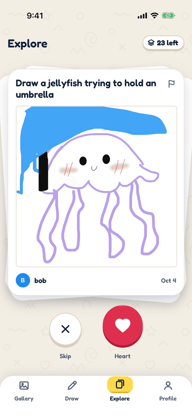 Explore screen showing another player's drawing of a jellyfish under an umbrella, with Skip and Heart buttons