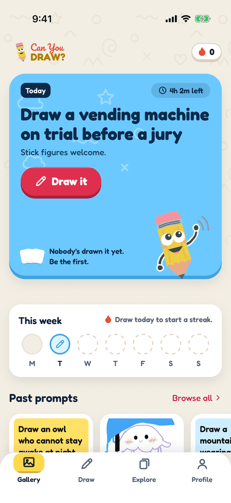 Home screen with today's prompt, "Draw a vending machine on trial before a jury", a Draw it button, the week's streak and past prompts